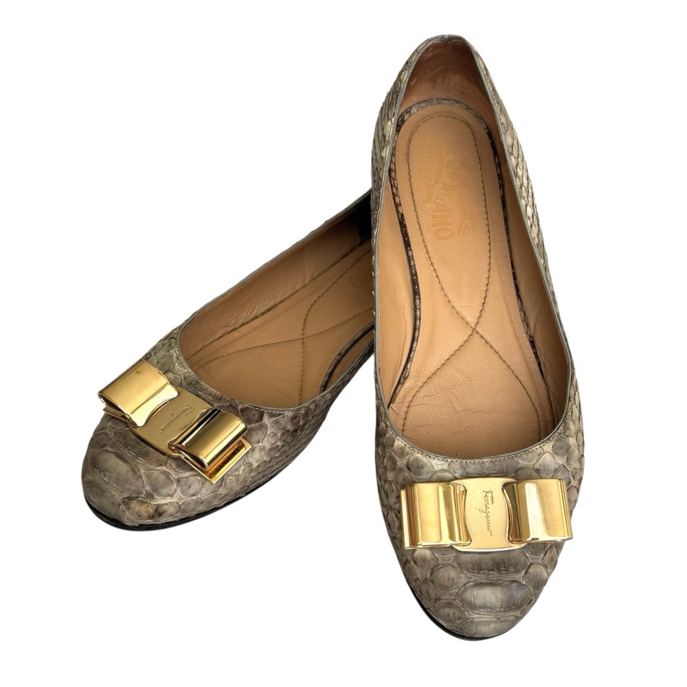 Salvatore Ferragamo Varina Python Flats Gray
